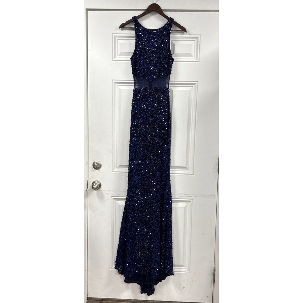 Vintage Precious Formals Blue Beaded Sequin Gown Womens 4 90s Y2K Prom Dress